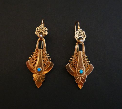 Boucles d'Oreilles Napoléon III En Or Rose, Perles Et Turquoises.