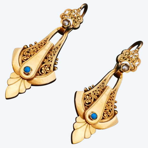 Boucles d'Oreilles Napoléon III En Or Rose, Perles Et Turquoises.