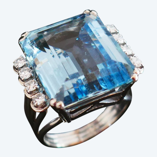 Bague Art Déco Aigue Marine Diamants, Or Et Platine. Certificat.
