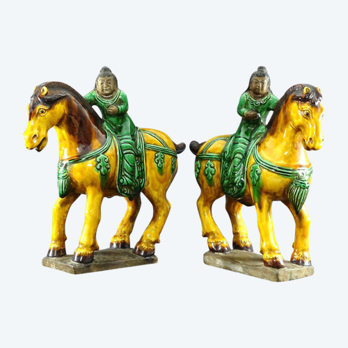 China, Mid-20th Century, Pair Of Riders On Their Glazed Earthenware Mounts.