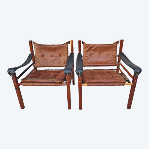 Pair Of 70's Leather Armchairs Attributed To Arne Norell