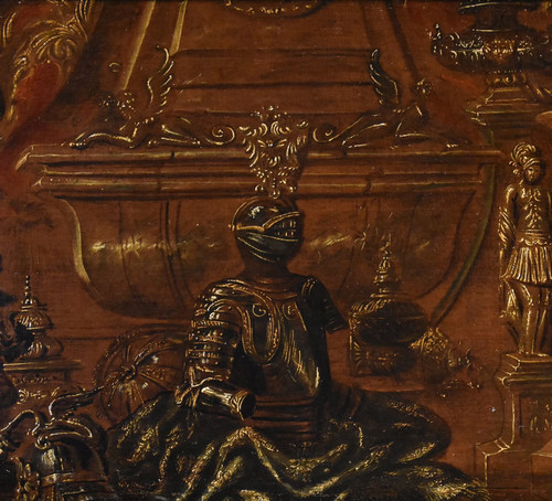 Antonio Tibaldi (Roma, 1635 c. - post 1675), Natura morta con armature, tendaggi e sculture