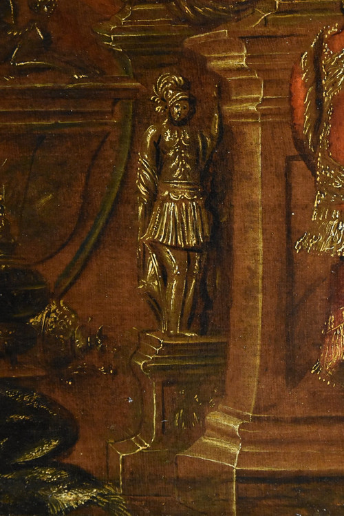 Antonio Tibaldi (Roma, 1635 c. - post 1675), Natura morta con armature, tendaggi e sculture