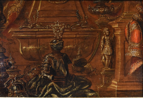 Antonio Tibaldi (Roma, 1635 c. - post 1675), Natura morta con armature, tendaggi e sculture
