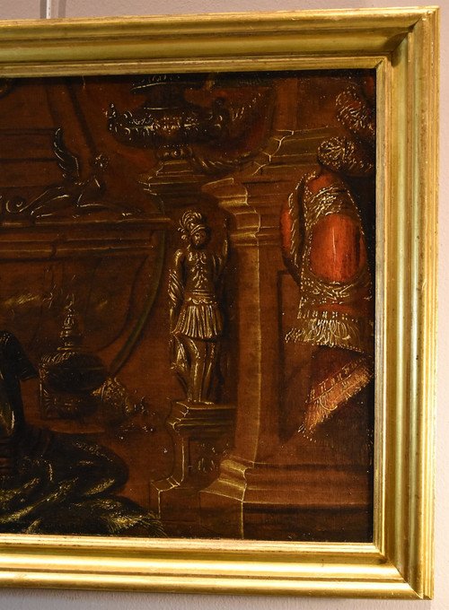 Antonio Tibaldi (Roma, 1635 c. - post 1675), Natura morta con armature, tendaggi e sculture