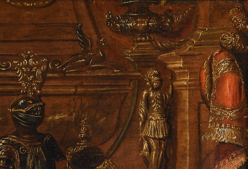 Antonio Tibaldi (Roma, 1635 c. - post 1675), Natura morta con armature, tendaggi e sculture