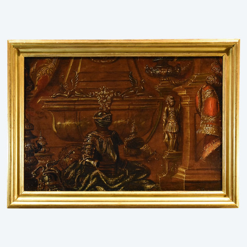 Antonio Tibaldi (Roma, 1635 c. - post 1675), Natura morta con armature, tendaggi e sculture