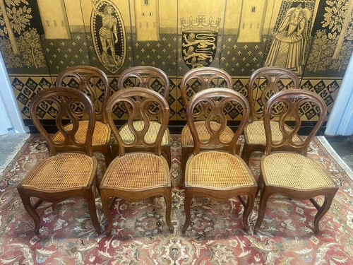 Set of 8 Louis Philippe cane chairs - caned in oak