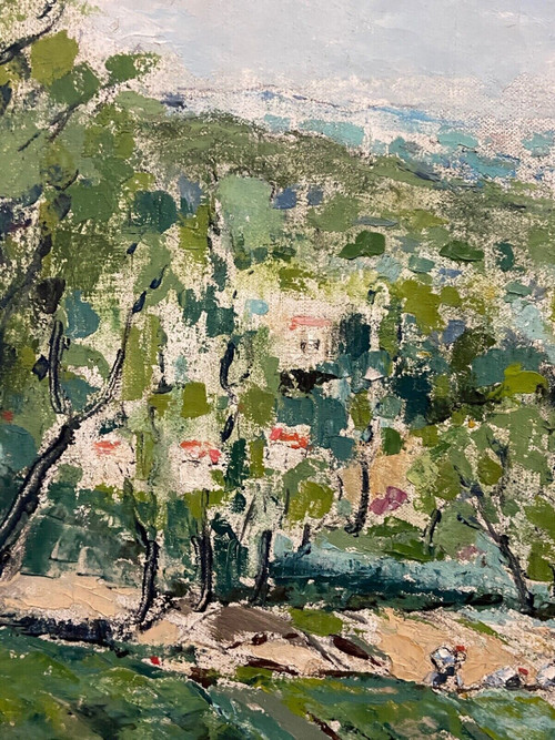 Olio su tela paesaggio contadino nei campi villaggio