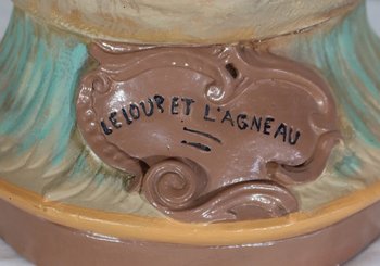  Important group in plaster " The wolf and the lamb " by F-A. Piquemal - end of XIXth century
