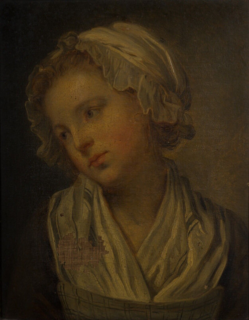 Huile sur toile portrait de jeune fille à la coiffe XIXe cadre doré