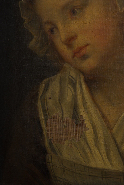 Huile sur toile portrait de jeune fille à la coiffe XIXe cadre doré