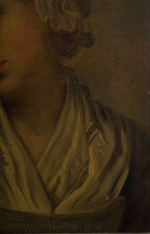 Huile sur toile portrait de jeune fille à la coiffe XIXe cadre doré