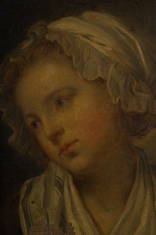 Huile sur toile portrait de jeune fille à la coiffe XIXe cadre doré