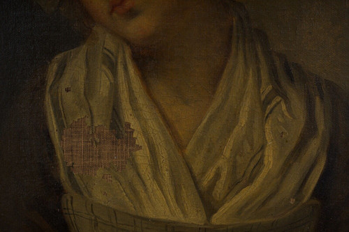 Huile sur toile portrait de jeune fille à la coiffe XIXe cadre doré