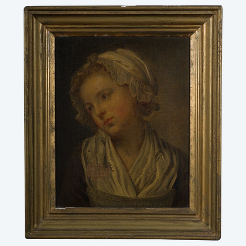 Huile sur toile portrait de jeune fille à la coiffe XIXe cadre doré