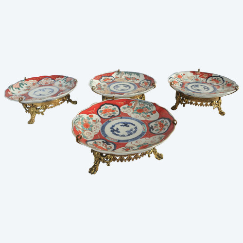 Suite of 4 Japanese porcelain bronze-mounted plates with Imari decoration