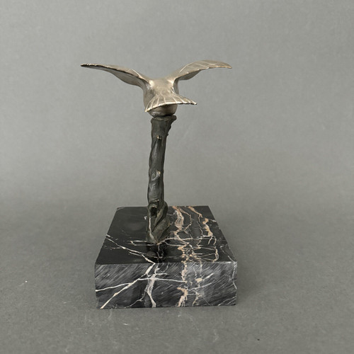 1930 Art Deco scultura in bronzo argentato Kingfisher con doppia patina