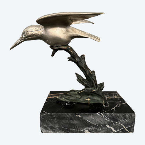 1930 Art Deco scultura in bronzo argentato Kingfisher con doppia patina