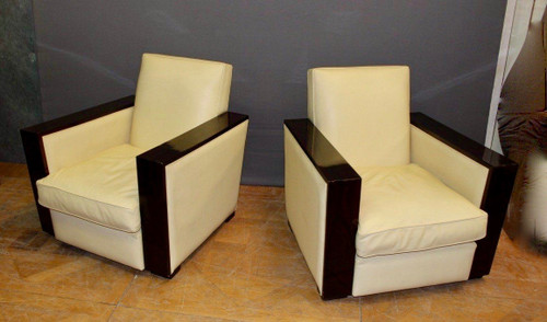 Coppia di poltrone Art Déco in palissandro e pelle beige