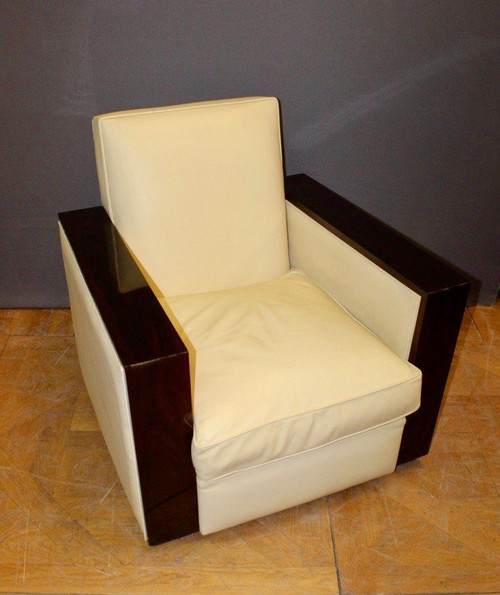 Coppia di poltrone Art Déco in palissandro e pelle beige