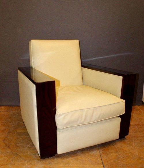 Coppia di poltrone Art Déco in palissandro e pelle beige