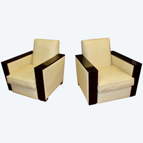 Coppia di poltrone Art Déco in palissandro e pelle beige