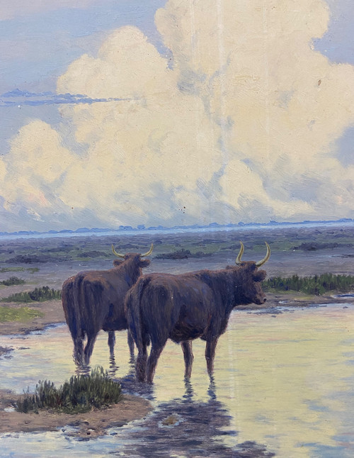Henri Bésiné « Les taureaux en Camargue »