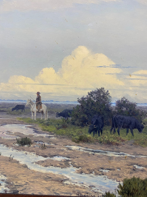 Henri Bésiné « Les taureaux en Camargue »