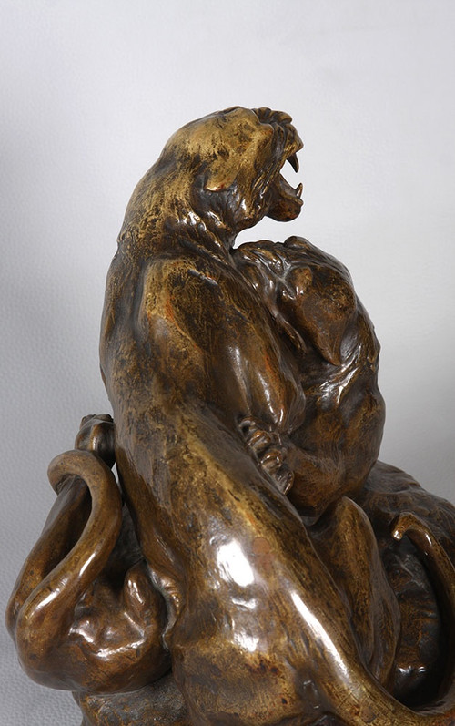 Bronze Art Deco, Friedrich GORNIK 1877 / 1943, Kämpfende Panther, Österreichische Schule