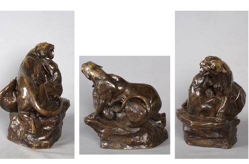 Bronze Art Deco, Friedrich GORNIK 1877 / 1943, Kämpfende Panther, Österreichische Schule