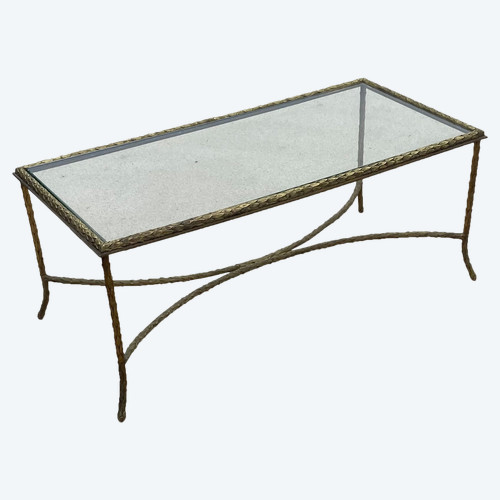 1970′ Table Basse Bronze Modèle Palmier, Maison Charles, Entretoise Double Arc De Cercle 106 x 50 cm