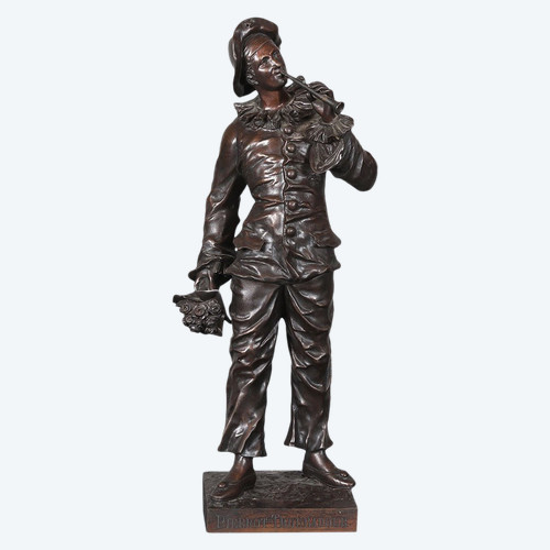 Bronze XIX°, 46 cm, signé : Charles ANFRIE 1833/1905, Pierrot troubadour