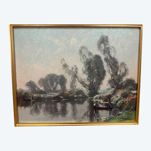 tableau Raymond URBAIN 1895-1962 Pêcheurs sur une barque Art LORRAIN 