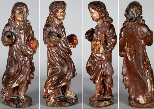 Skulptur, 29 cm, aus dem 17. Jahrhundert, aus polychromem Holz, Jesus hält den Reichsapfel