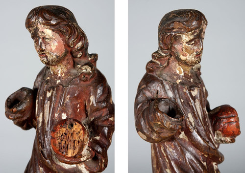 Skulptur, 29 cm, aus dem 17. Jahrhundert, aus polychromem Holz, Jesus hält den Reichsapfel