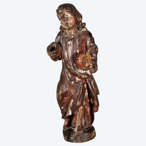 Skulptur, 29 cm, aus dem 17. Jahrhundert, aus polychromem Holz, Jesus hält den Reichsapfel