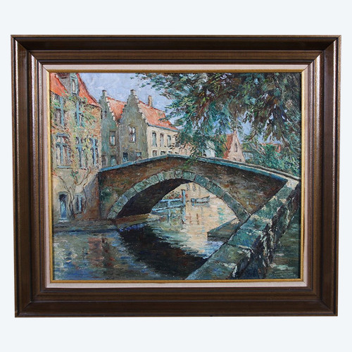 Vue de Bruges, Belgique, signé : L. Dupont, Ecole Belge