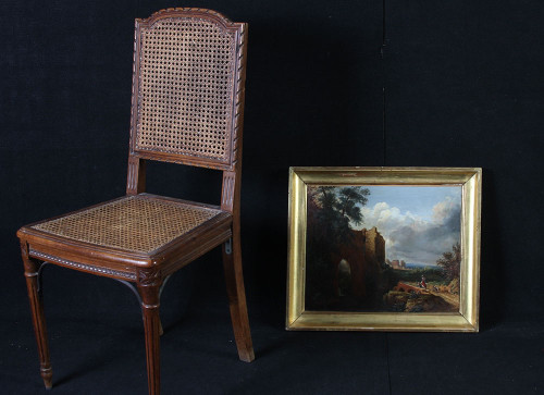 Paysage XIX ème siècle, Ecole Française, scène champêtre avec ruines 