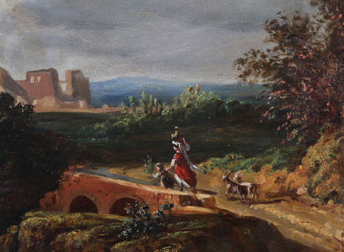 Paysage XIX ème siècle, Ecole Française, scène champêtre avec ruines 