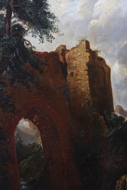 Paysage XIX ème siècle, Ecole Française, scène champêtre avec ruines 