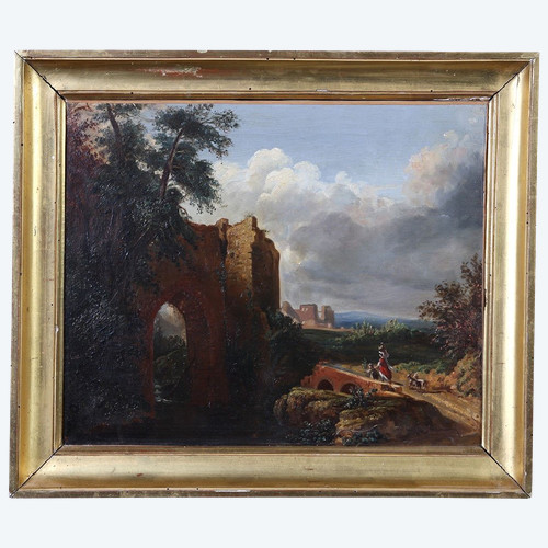 Paysage XIX ème siècle, Ecole Française, scène champêtre avec ruines 