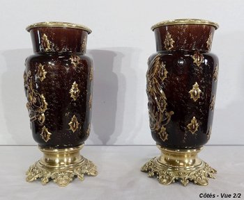 Coppia di vasi in terracotta e bronzo, di E. Gilles - seconda metà del 19° secolo