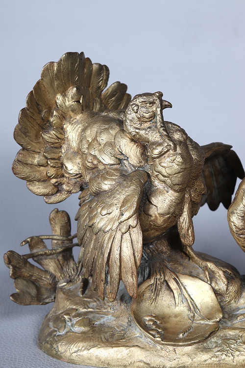 Bronze XIX ème, à patine dorée, Le Dindon et le coq