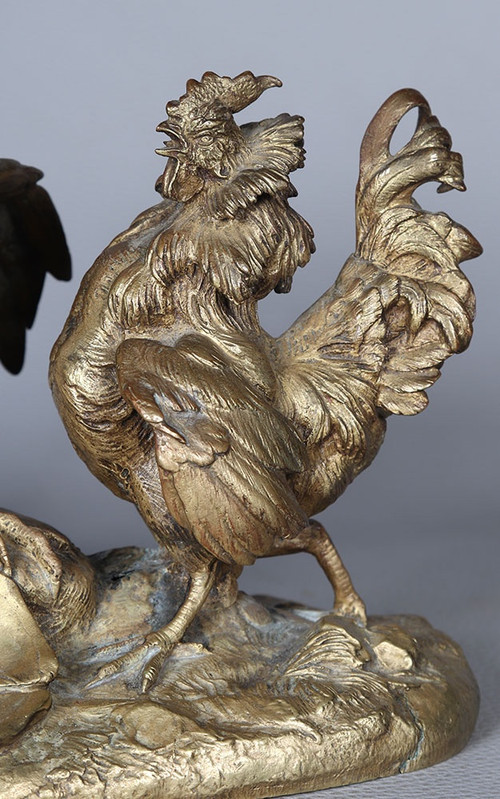 Bronze XIX ème, à patine dorée, Le Dindon et le coq