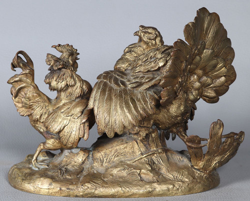 Bronze XIX ème, à patine dorée, Le Dindon et le coq