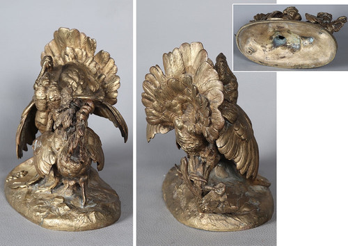 Bronze XIX ème, à patine dorée, Le Dindon et le coq