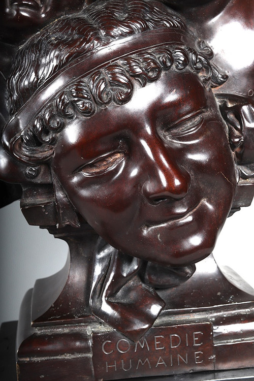 Bronzo XIX secolo, 61 cm, firmato Jean Barnabé AMY 1839/1907, La Commedia Umana