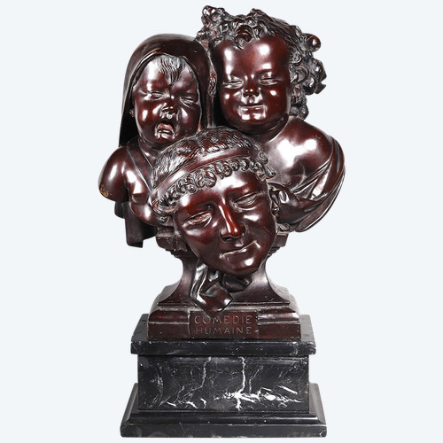 Bronzo XIX secolo, 61 cm, firmato Jean Barnabé AMY 1839/1907, La Commedia Umana