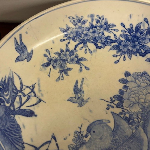 Antique large Japanese porcelain plate with painted partridge. MeiJi period 1868 – 1912. Size